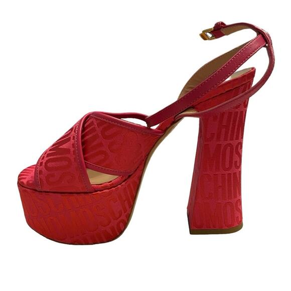 MOSCHINO Logo Jacquard Platform Sandals Canvas Party Statement Evening Sexy Sz 7 - Picture 2 of 13